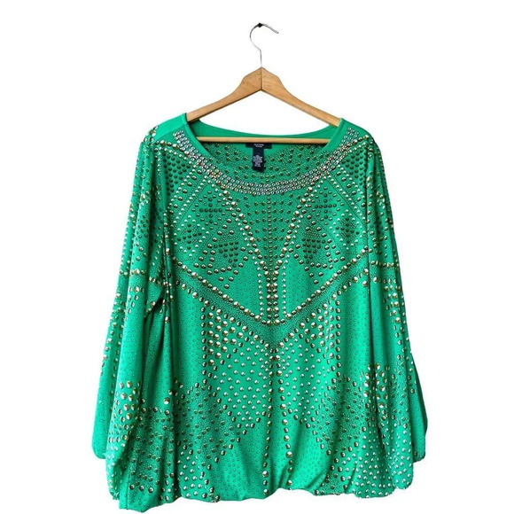ALFANI Women’s Knit Top Jewel Rhinestones Printed Sheer Sleeve Blouse Plus 3X - Picture 1 of 3